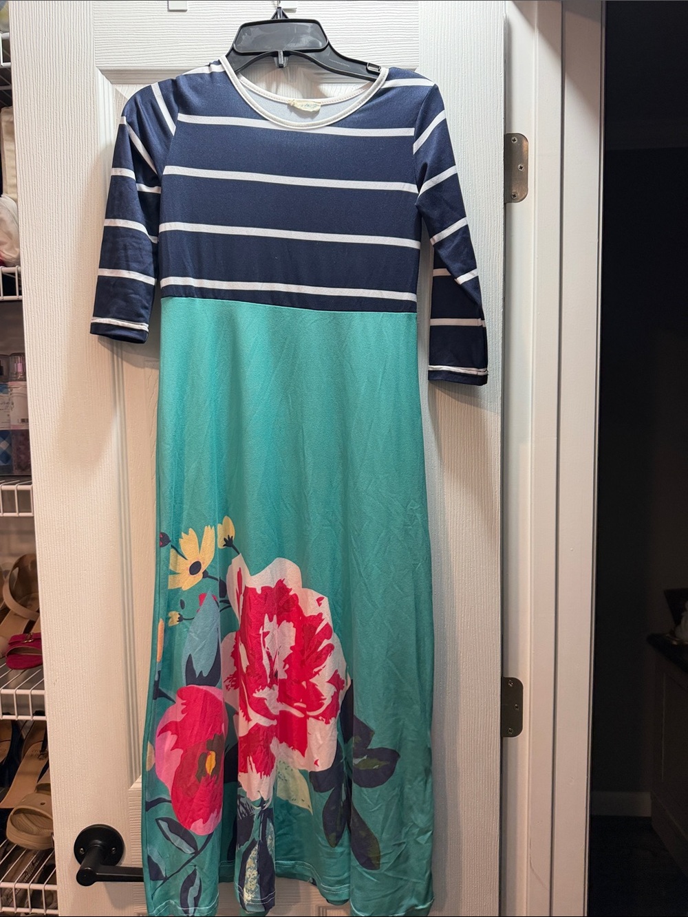 Girls' Navy Stripe & Teal Floral Casual Dress with Bright Pink Bloom